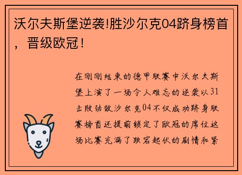 沃尔夫斯堡逆袭!胜沙尔克04跻身榜首，晋级欧冠！