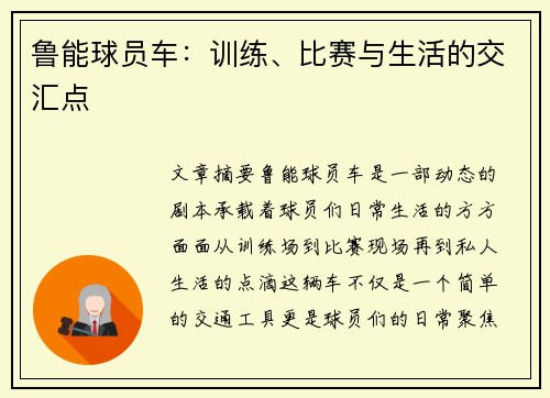 鲁能球员车：训练、比赛与生活的交汇点