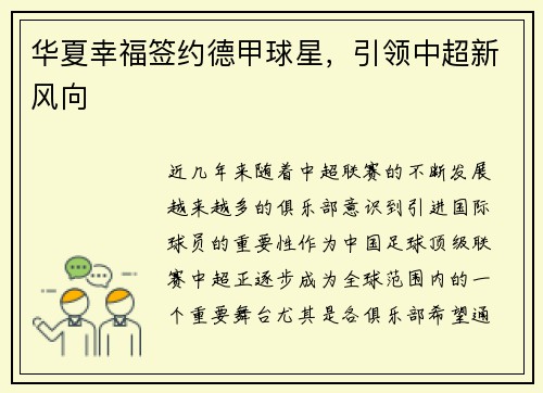 华夏幸福签约德甲球星，引领中超新风向