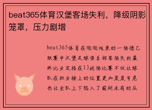 beat365体育汉堡客场失利，降级阴影笼罩，压力剧增